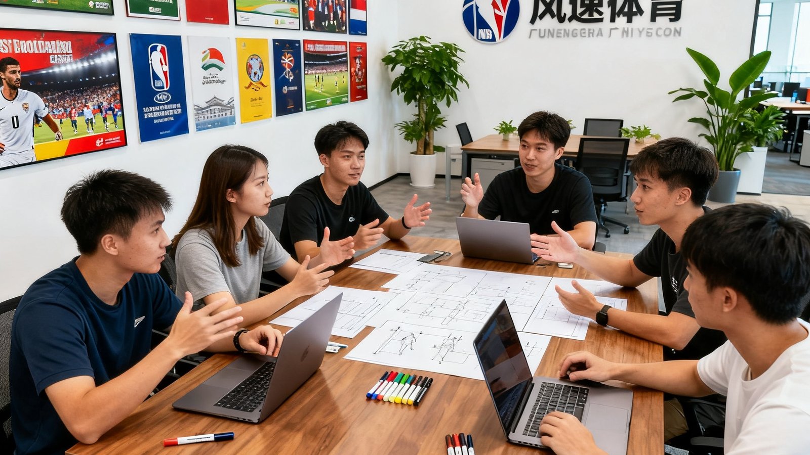 风速体育广州总部宽敞明亮的开放式办公区，墙上挂满各大体育赛事官方海报，年轻团队正在激烈讨论产品方案